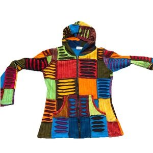 Rising International Flower Patchwork Hoodie Jacket Women Size M Hippie 3D Knit